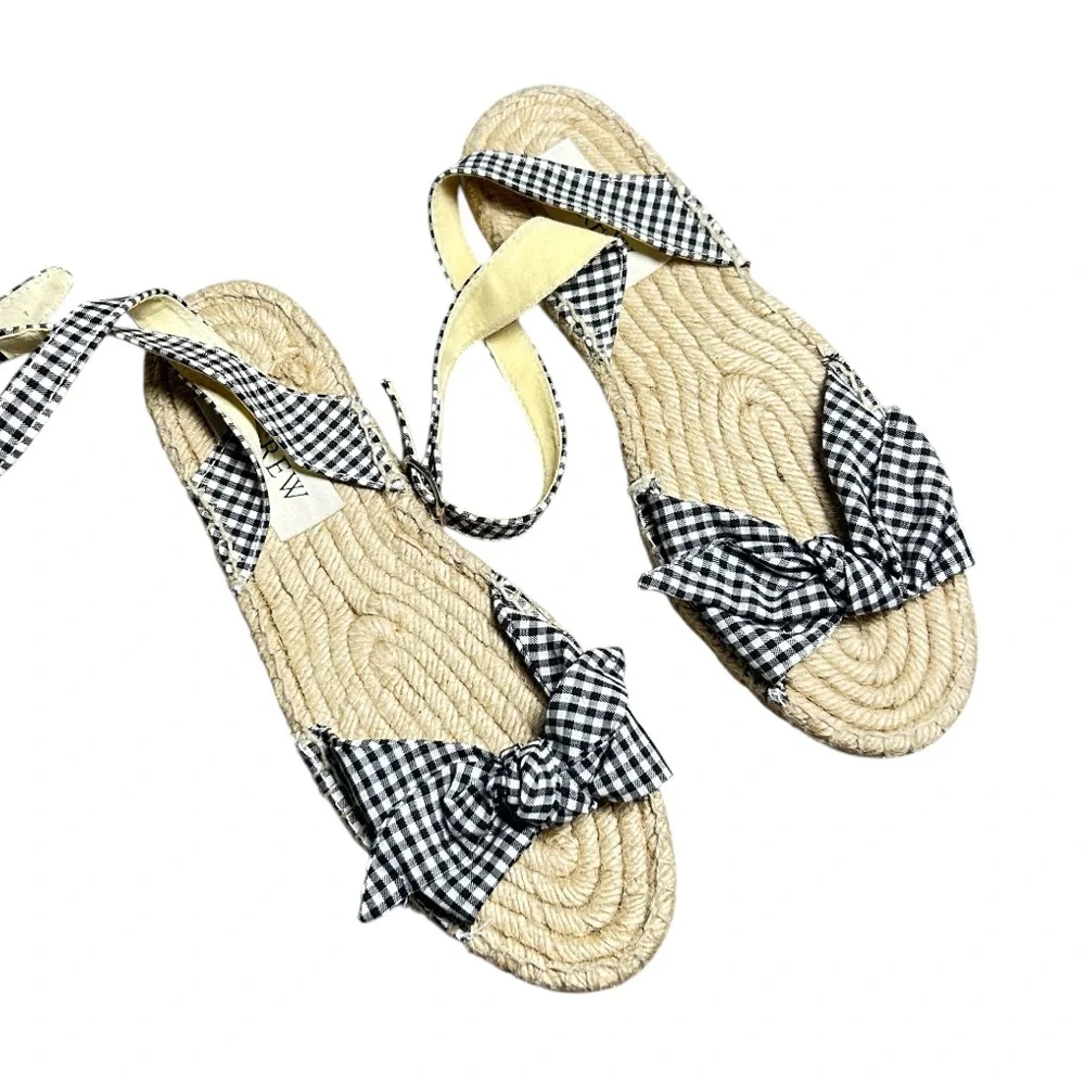 Vintage J. Crew Bow Gingham Espadrille Sandals In White & Black Size 8 NWOB